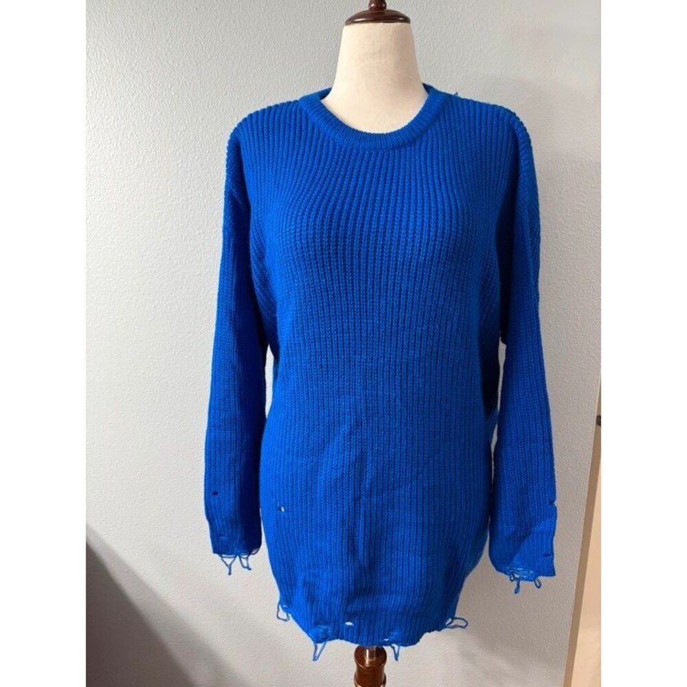 Sunday Up Distressed Blue Knit Sweater Tunic, Oversized Small